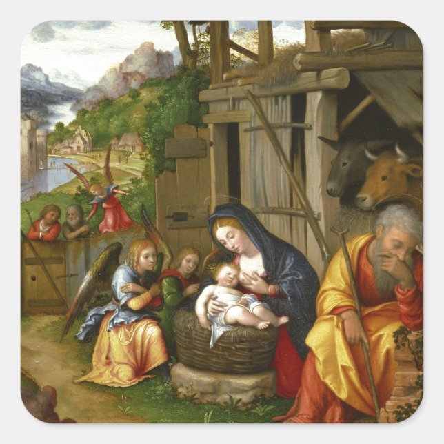 Pegatina Cuadrada Natividad y ángeles infantiles c1515 (Anverso)