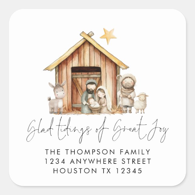 Pegatina Cuadrada Nativity Stable Scene Carol Lyrics Return Address (Anverso)