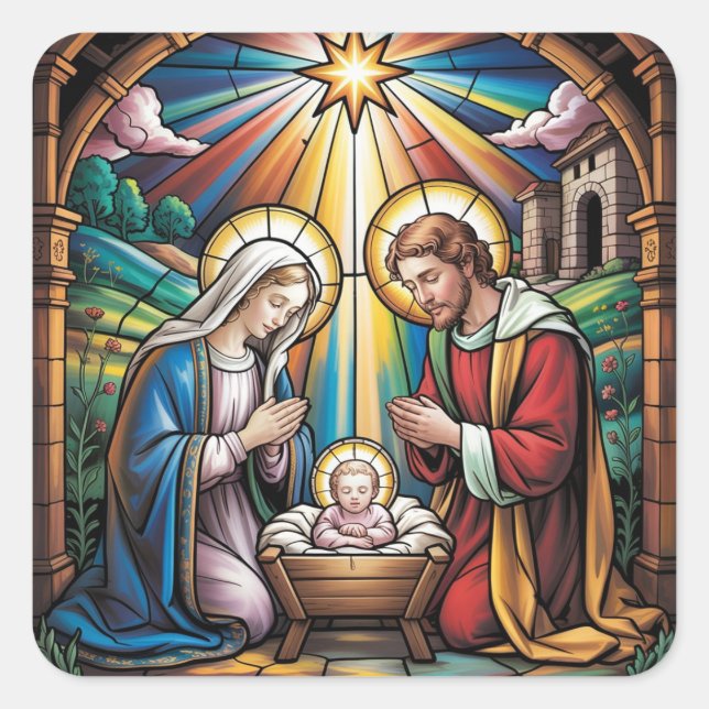 Pegatina Cuadrada Nativity Stained Glass Art – Holy Family Christmas (Anverso)