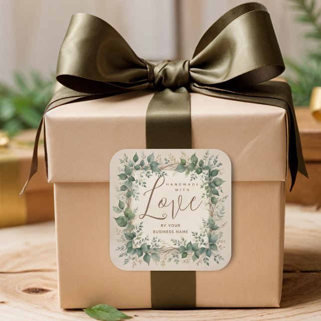 Pegatina Cuadrada Natural Creative Branches & Leaves for Artisan (Natural Rustic Soft Brown Creative Branches & Leaves Handmade with Love Quote Square Stickers.)