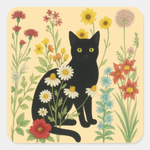 Pegatina Cuadrada Naturaleza botánica: gato negro en jardín de flore