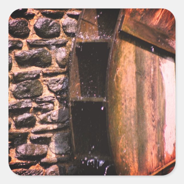 Pegatina Cuadrada Naturaleza de la rueda de agua de madera (Anverso)