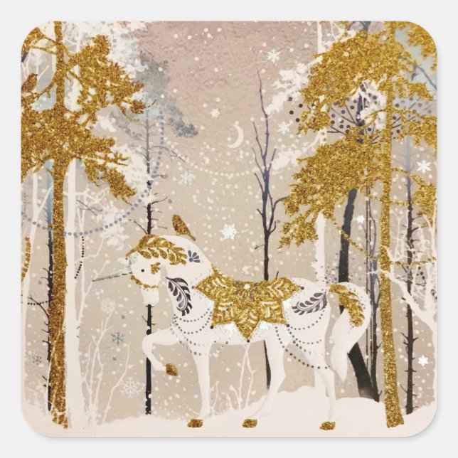 Pegatina Cuadrada Naturaleza unicorniana del bosque de nieve mágico  (Anverso)