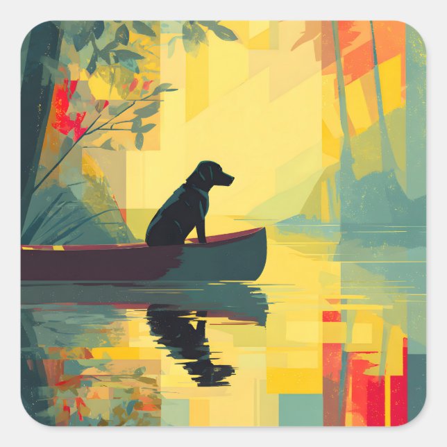 Pegatina Cuadrada Nature Minimalist Black Labrador Canoe (Anverso)