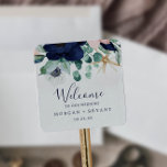 Pegatina Cuadrada Náutica moderna | Bienvenida Boda floral<br><div class="desc">Estos modernos pegatinas acuáticos florales de boda son perfectos para un crucero o una boda en la playa. El diseño es llamativo, con flores de color rosa y azul marino con acentos dorados de estrella de mar, lo que le da un ambiente de playa. Personalice estos pegatinas con la ubicación...</div>