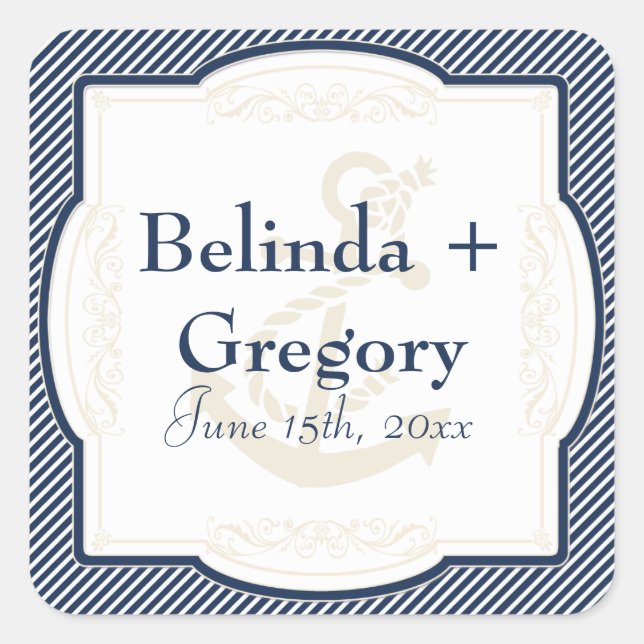 Pegatina Cuadrada Nautical Anchor Boat Diagonal Stripes Swirl Modern (Anverso)