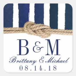 Pegatina Cuadrada Nautical Knot Burlap Navy Stripes Bodas