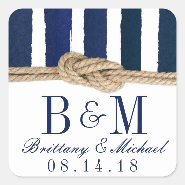 Pegatina Cuadrada Nautical Knot Burlap Navy Stripes Bodas (Anverso)