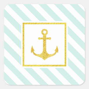 Pegatina Cuadrada Nautical Mint Stripes Faux Purpurina Anchor