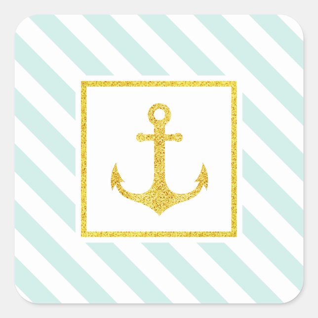 Pegatina Cuadrada Nautical Mint Stripes Faux Purpurina Anchor (Anverso)