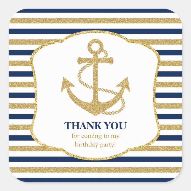Pegatina Cuadrada Nautical Navy Blue Gold Anchor Gracias (Anverso)
