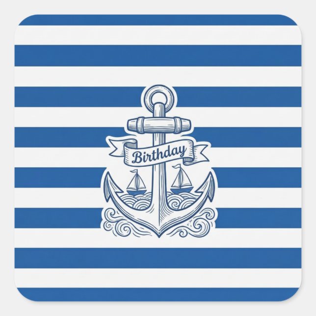 Pegatina Cuadrada Nautical Striped Anchor Birthday (Anverso)