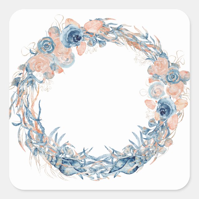 Pegatina Cuadrada Náutico Verde azulado Aqua Turquoise Ancla Floral  (Anverso)