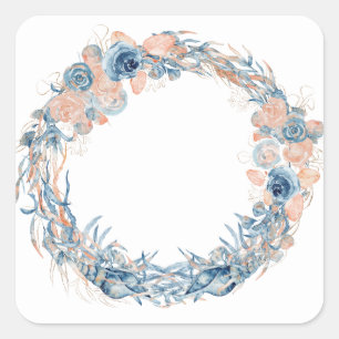 Pegatina Cuadrada Náutico Verde azulado Aqua Turquoise Ancla Floral