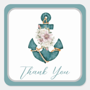 Pegatina Cuadrada Náutico Verde azulado Aqua Turquoise Ancla Floral