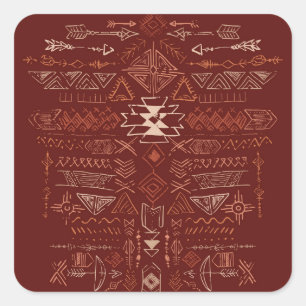 Pegatina Cuadrada Navajo Aztec: Patrón de Doodle Étnico.