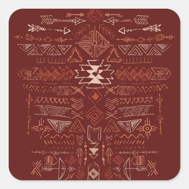 Pegatina Cuadrada Navajo Aztec: Patrón de Doodle Étnico. (Anverso)