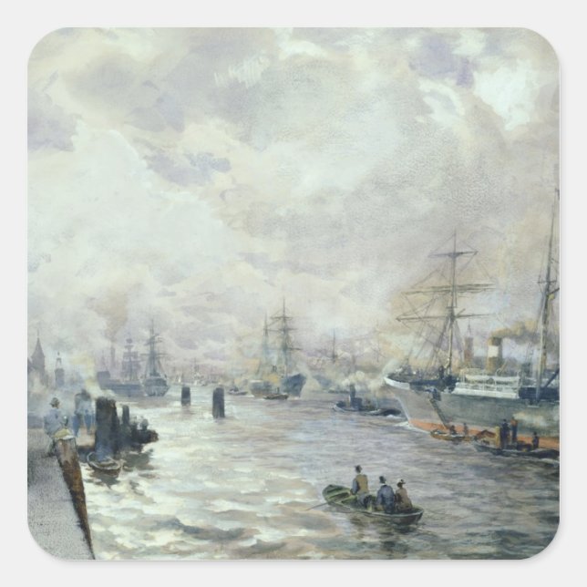 Pegatina Cuadrada Naves en el puerto de Hamburgo, 1889 (Anverso)