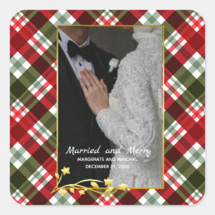 Pegatina Cuadrada Navidad a cuadros 2 Foto Casados y alegres
