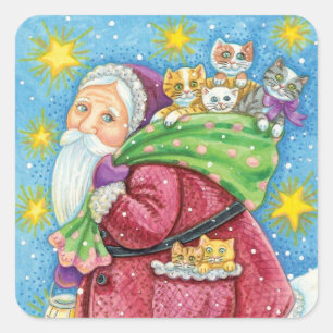 Pegatina Cuadrada Navidad adorable, Santa Claus con gatitos y gatos!