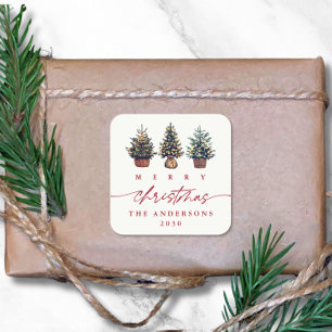 Pegatina Cuadrada Navidad Alegre Acuarela Árbol Escritura Roja Adora