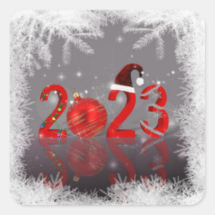 Pegatina Cuadrada Navidad Alegre Año Nuevo 2023 Rojo Festivo
