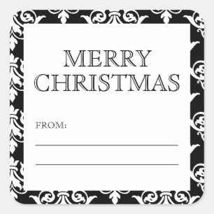 Pegatina Cuadrada Navidad Alegre Damasco Vintage Blanco y Negro