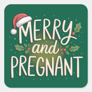 Pegatina Cuadrada Navidad Alegre y Embarazada Anuncio de Embarazo