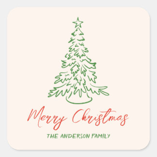 Pegatina Cuadrada Navidad Árbol Único Dibujado a Mano Retro Vintage