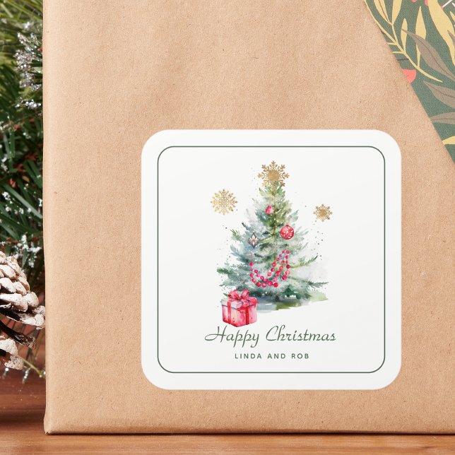 Pegatina Cuadrada Navidad Botánica con Acuarela (Subido por el creador)