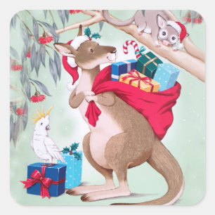 Pegatina Cuadrada Navidad canguro - Arte navideño australiano   