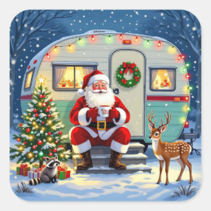 Pegatina Cuadrada Navidad caprichosa del bosque y autocaravana retro