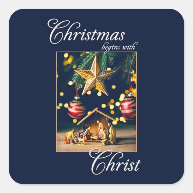 Pegatina Cuadrada Navidad Comienza con la Natividad de Cristo (Anverso)