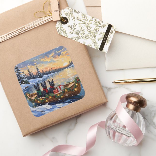 Pegatina Cuadrada Navidad con Barco de Terrier Escocés (Regalar)