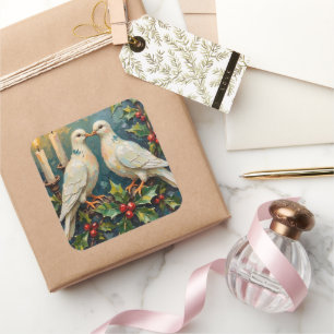 Pegatina Cuadrada Navidad con Palomas Blancas Vintage y Guirnalda de