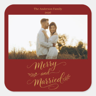 Pegatina Cuadrada Navidad de Boda Personalizada Alegre y Casada