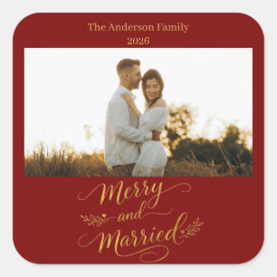 Pegatina Cuadrada Navidad de Boda Personalizada Feliz y Casada