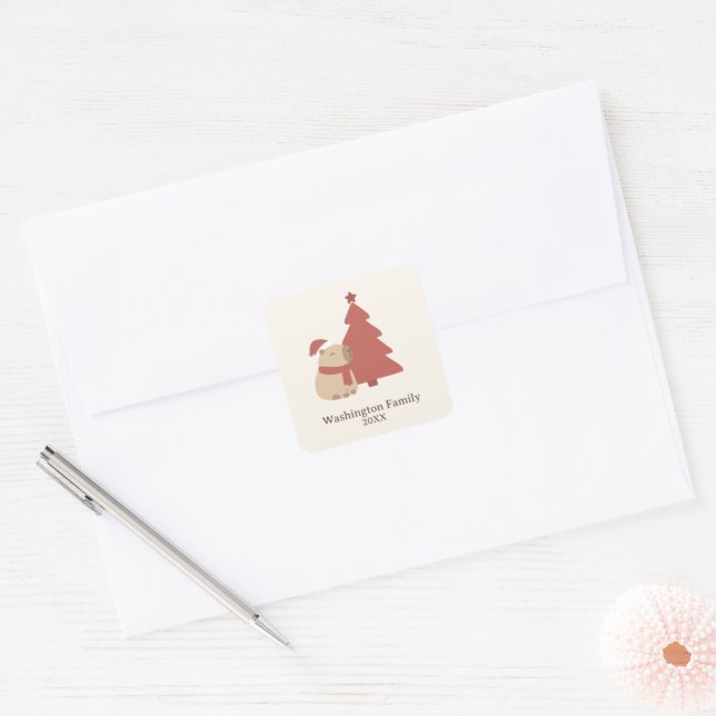 Pegatina Cuadrada Navidad de Capybara Acogedora Personalizada (Sobre)