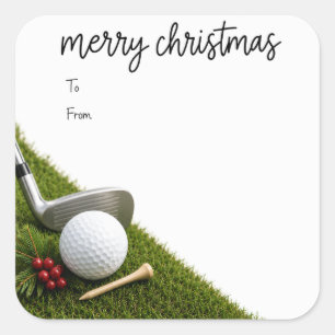 Pegatina Cuadrada Navidad de golf con sombrero de santa de pelota de