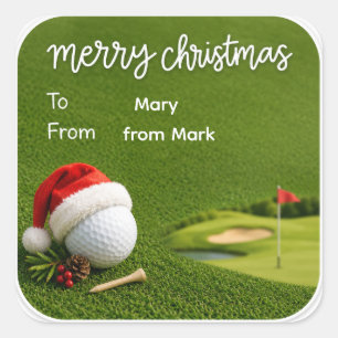 Pegatina Cuadrada Navidad de golf con sombrero de santa de pelota de