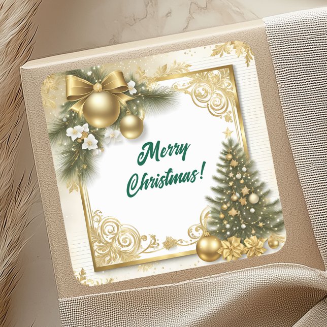 Pegatina Cuadrada Navidad de Oro Blanco Vintage (Subido por el creador)