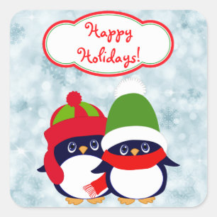 Pegatina Cuadrada Navidad de Pingüinos Bebés