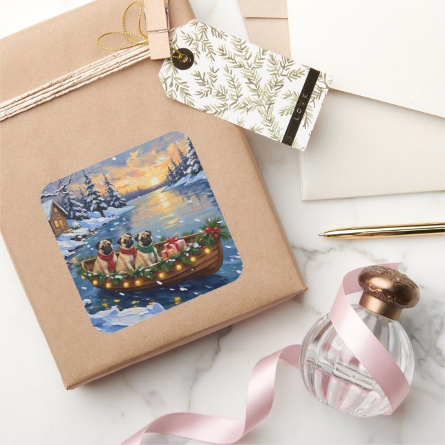 Pegatina Cuadrada Navidad de Pug en Barco Fiesta (Regalar)