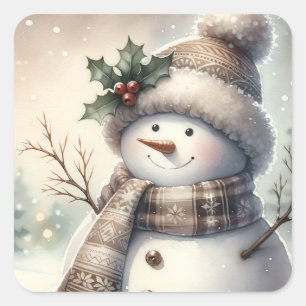 Pegatina Cuadrada Navidad del Muñeco de Nieve Acogedor
