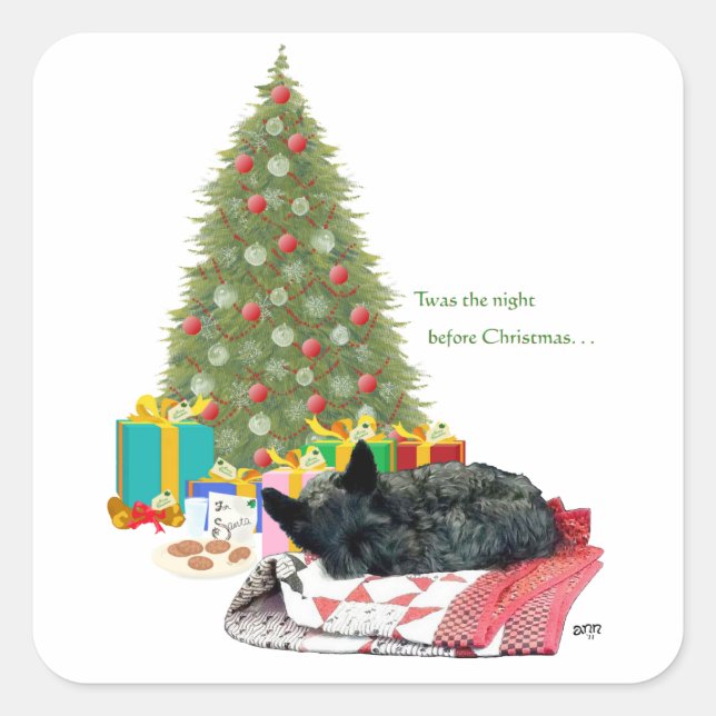Pegatina Cuadrada Navidad del Terrier Escocés Dormido (Anverso)