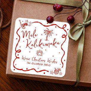 Pegatina Cuadrada Navidad Dibujos Hechos a Mano Rojo Mele Kalikimaka