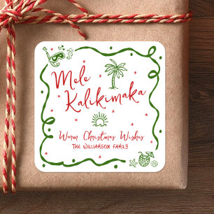 Pegatina Cuadrada Navidad Divertida Dibujada a Mano Rojo Verde Mele 