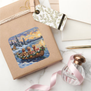 Pegatina Cuadrada Navidad en Barco con Goldendoodle