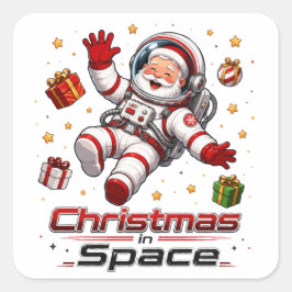Pegatina Cuadrada Navidad en el Espacio Santa Astronauta Lindo Día F