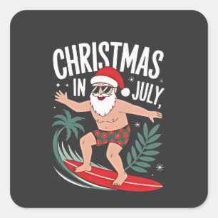 Pegatina Cuadrada Navidad en Julio Divertido Santa Surfista Vacacion